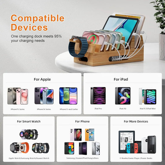 Bamboo Charging Station for Desktop Dock Organizer