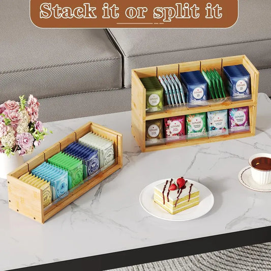 Bamboo Tea Bag Organizer Storage Stackable Box