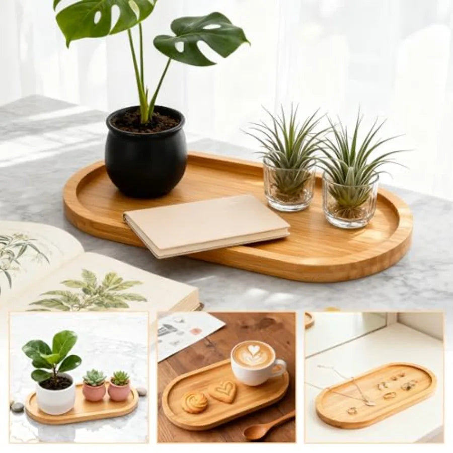 4Pcs Bamboo Oval Wooden Bathroom Tray