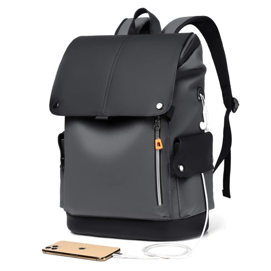 Leather Waterproof Men's Laptop Backpack USB Charging