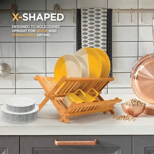 Collapsible 2Tier Bamboo Dish Rack For Kitchen Counter