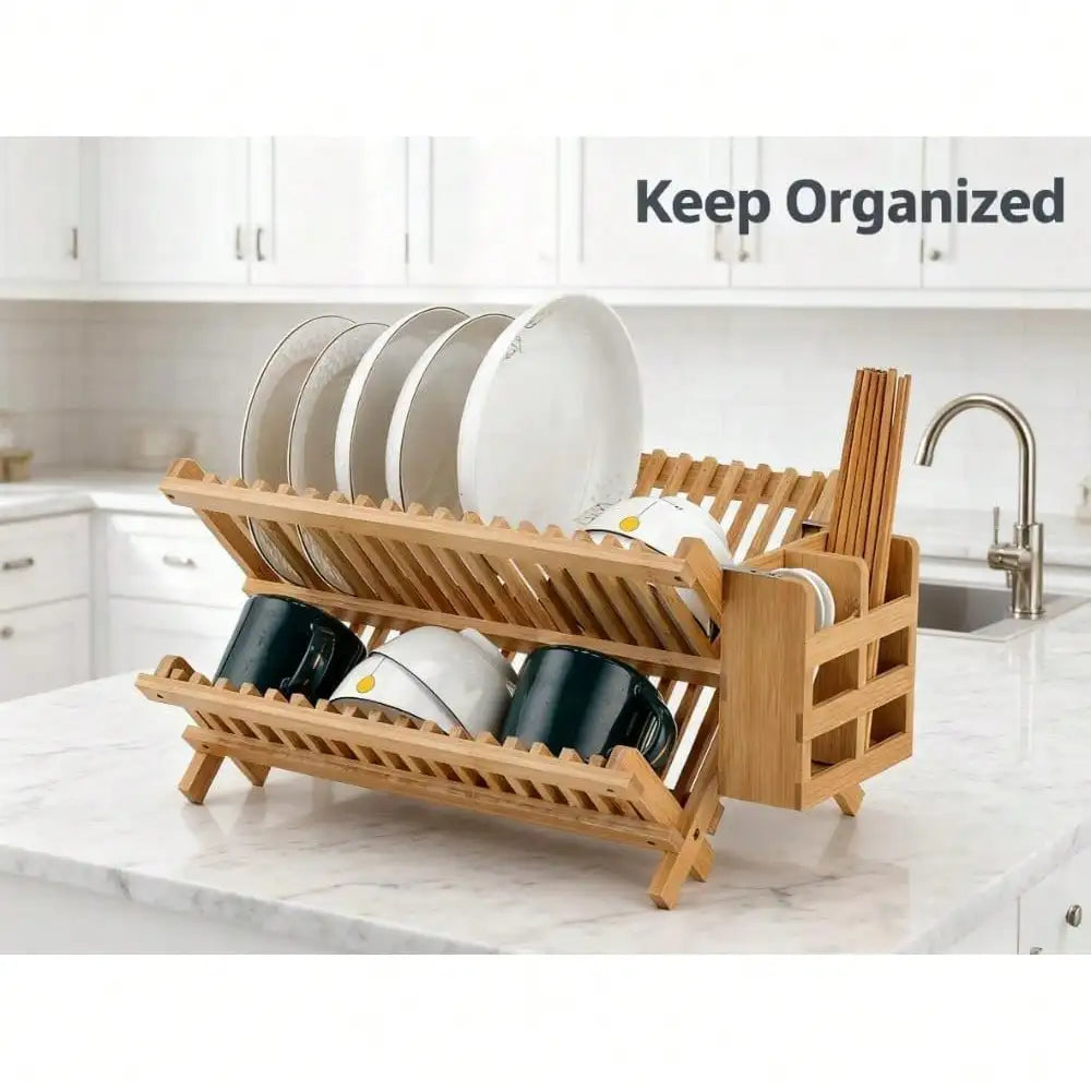 2-Tier Collapsible Bamboo Dish Drying Rack