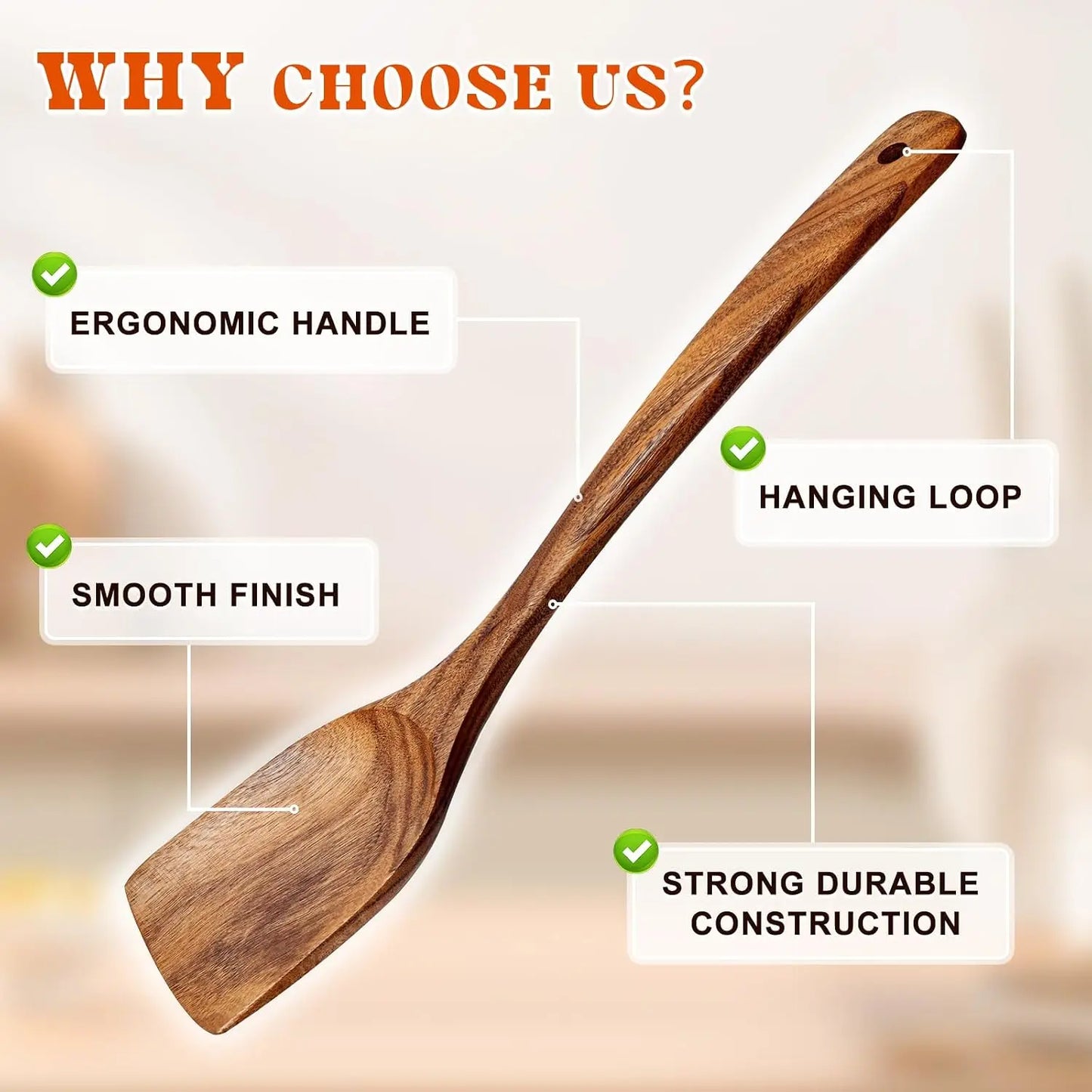 2Pcs Wooden Long Handle Flat Frying Spatulas