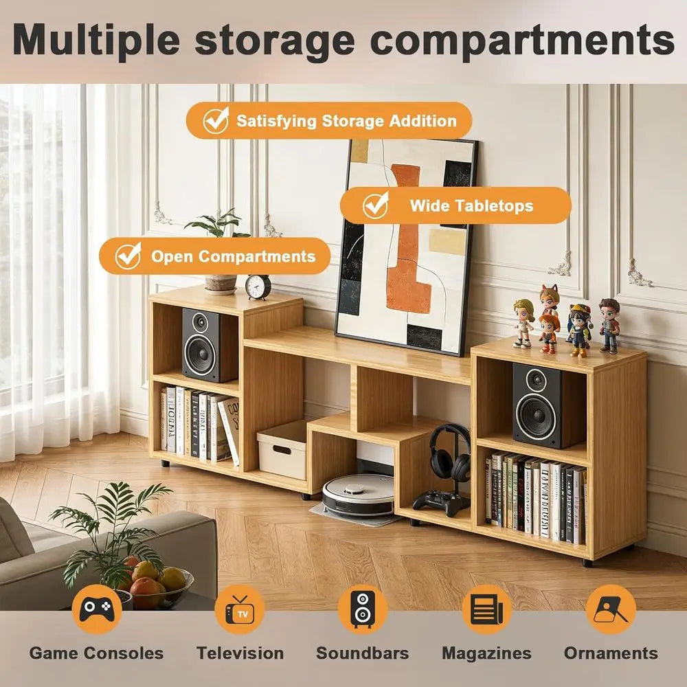 Walnut 65-inch TV Stand with Storage and Open Shelves for Large City Living, Bedroom, or Sofa Area, Easy Assembly