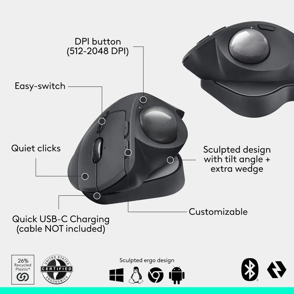 Wireless Ergonomic Trackball Mouse with USB-C Charging