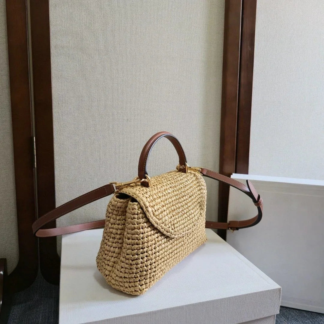 Hand-woven Straw Flap Handbag, Luxury Multi-Way Handbag