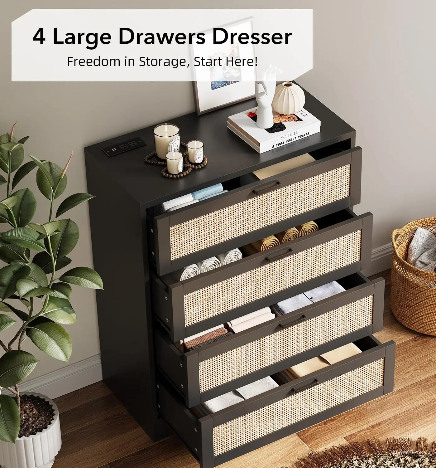 4 Drawer Wooden Rattan Dresser
