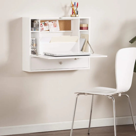 Wall Mount White Folding Desk with Storage