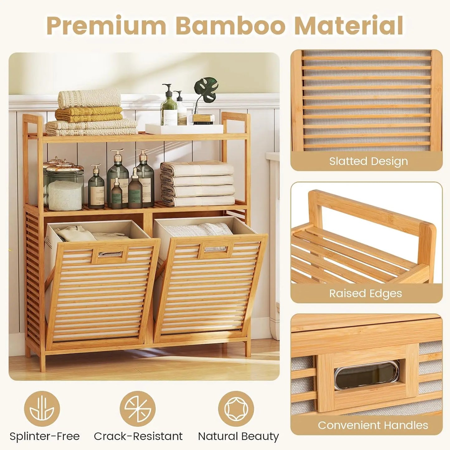 Double Tilt Out Laundry Hamper w/2-Tier Storage Shelf