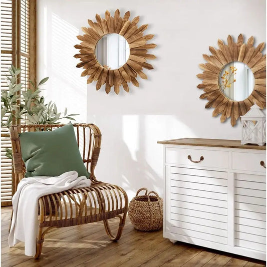 2 Pack 22 Inch Boho Wall Sunburst Round Wood Mirror
