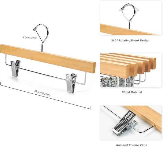 Natural Wooden Pants Hangers with Adjustable Clips