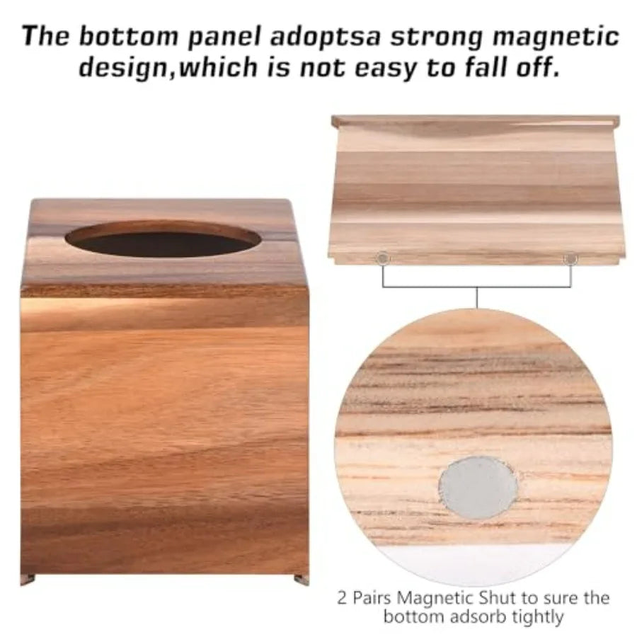 Acacia Wood Tissue Box Holder with Slide-Out Bottom