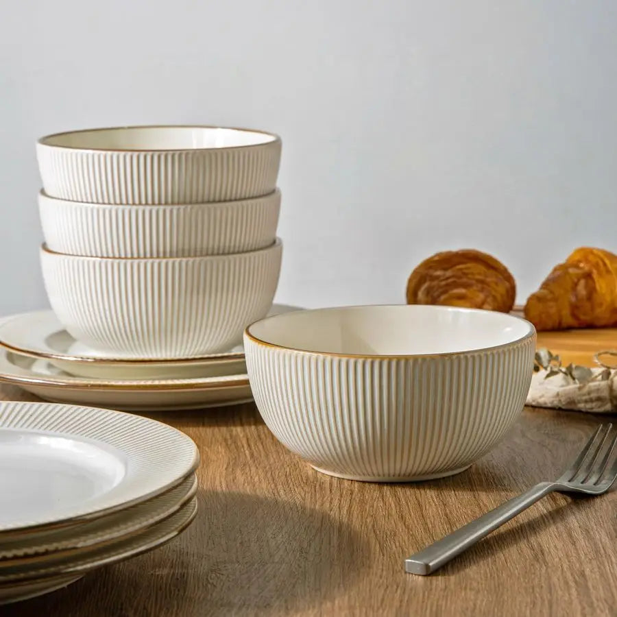 12 pcs Embossed Elegant Stoneware Plates and Bowls Sets