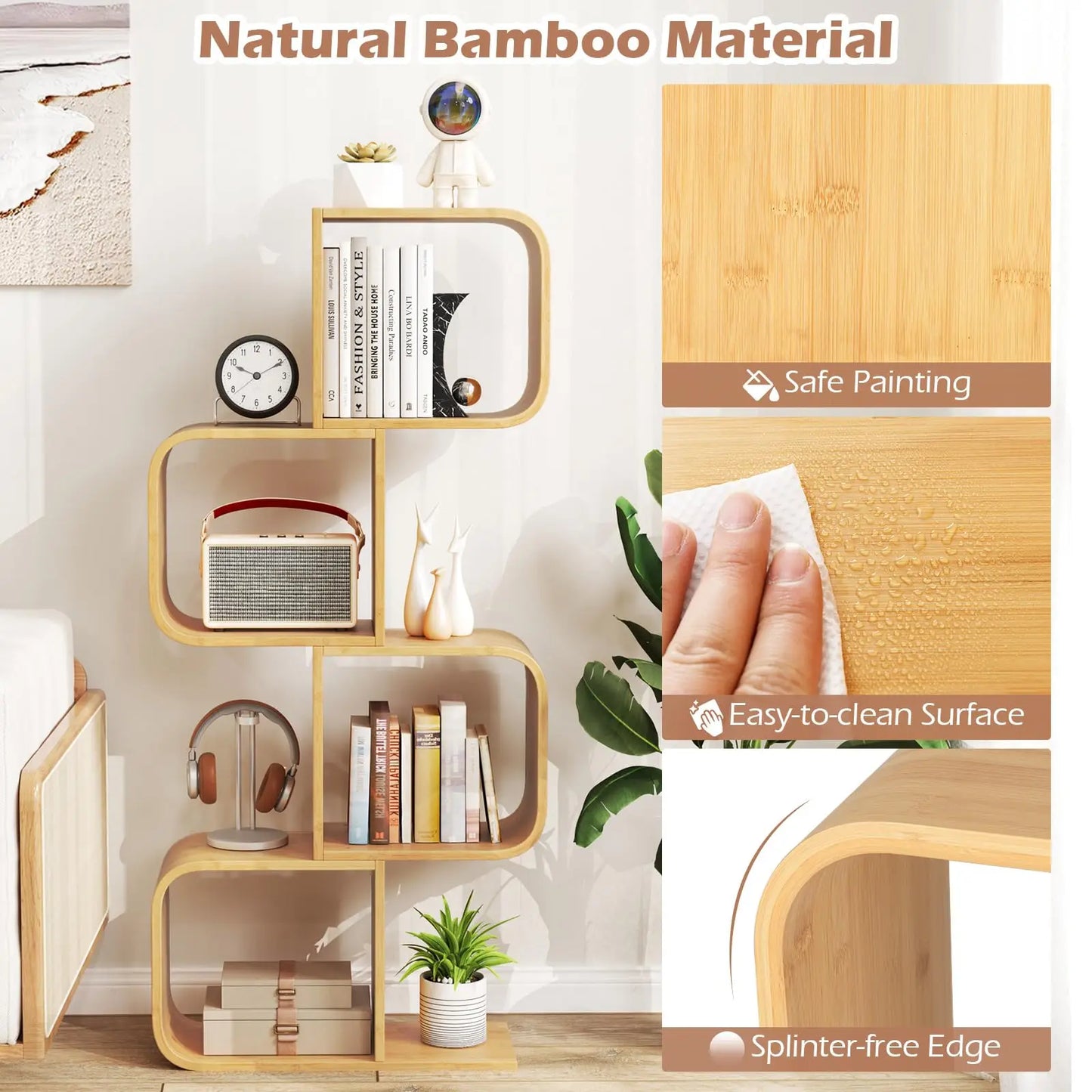 S-Shaped Bamboo Bookshelf 4-Tier Open Cube