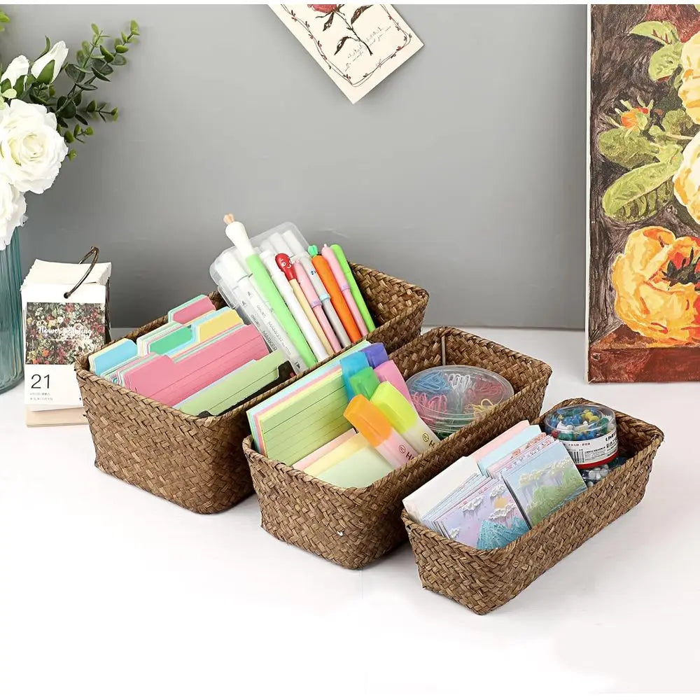 3 Natural Wicker Basket Set Handwoven Seagrass
