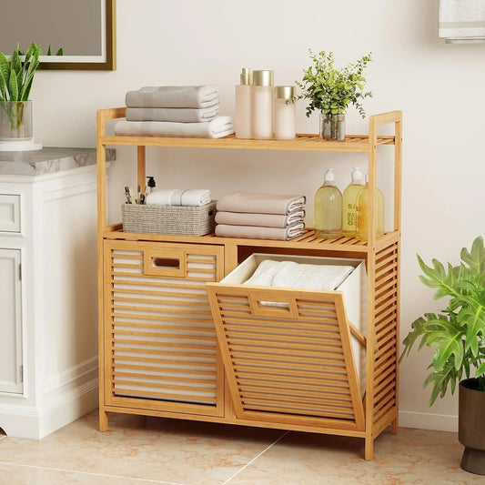 Double Tilt Out Laundry Hamper w/2-Tier Storage Shelf