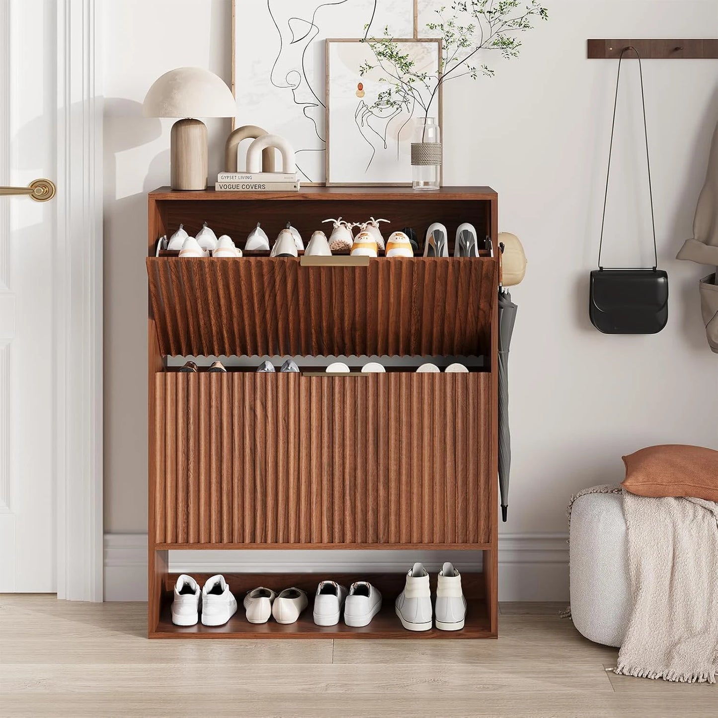 Slim Fluted Shoe Cabinet with 2 Flip Drawers