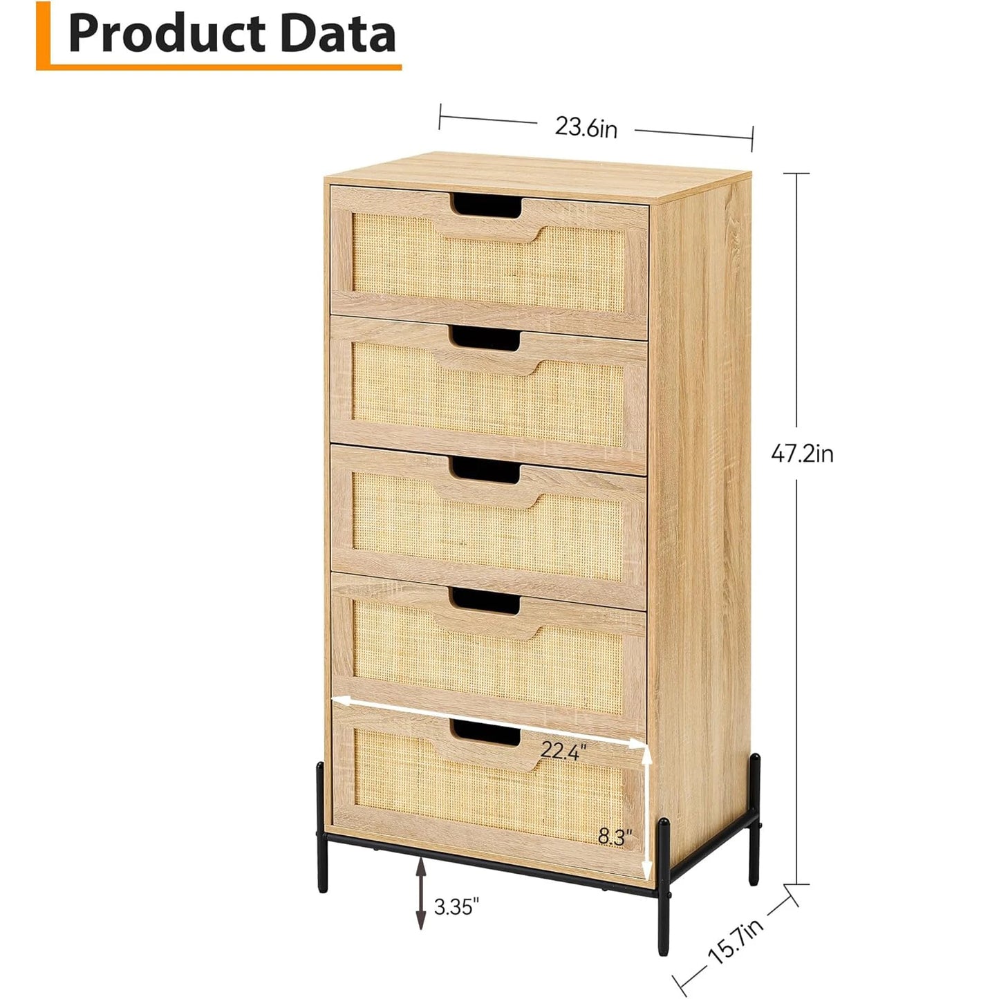 47 Inch Tall Rattan 5-Drawer Dresser