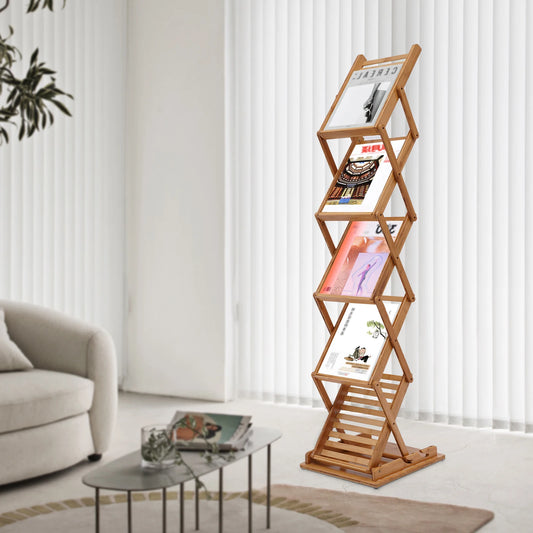 5-Tier Bamboo Floor Stand Folding Magazine Rack