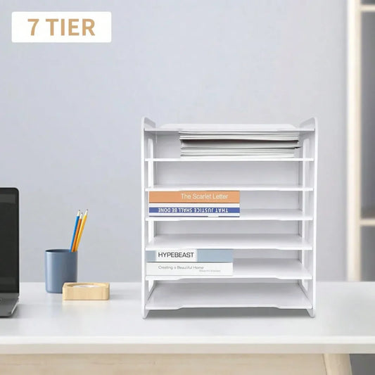 7 Tier White Wooden Desktop Storage Rack