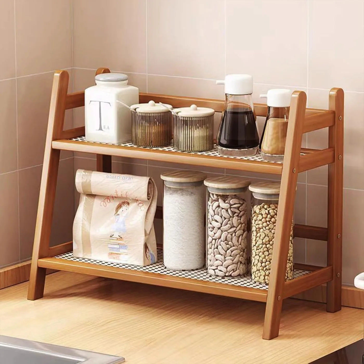 1pc Double-layer Bamboo Storage Rack