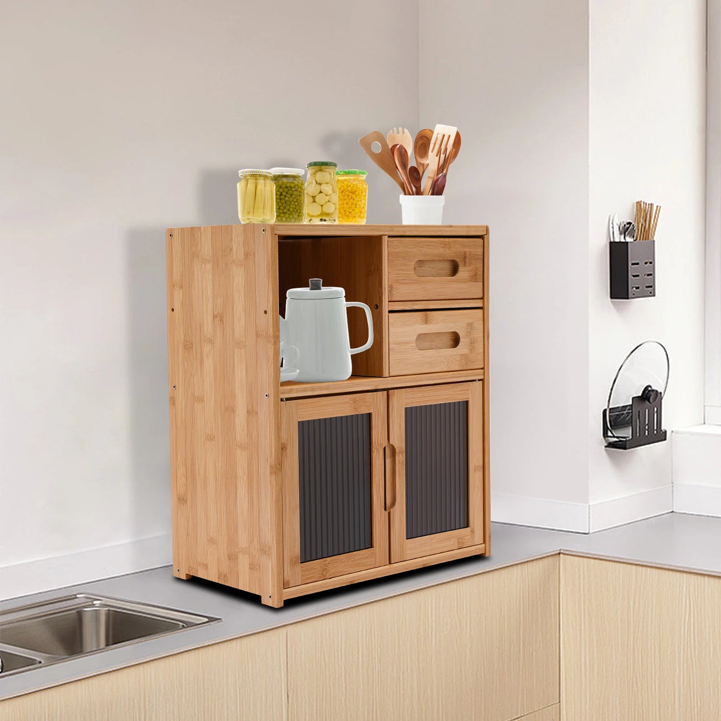 2-Tier Bamboo Kitchen Storage Cabinet with Drawers