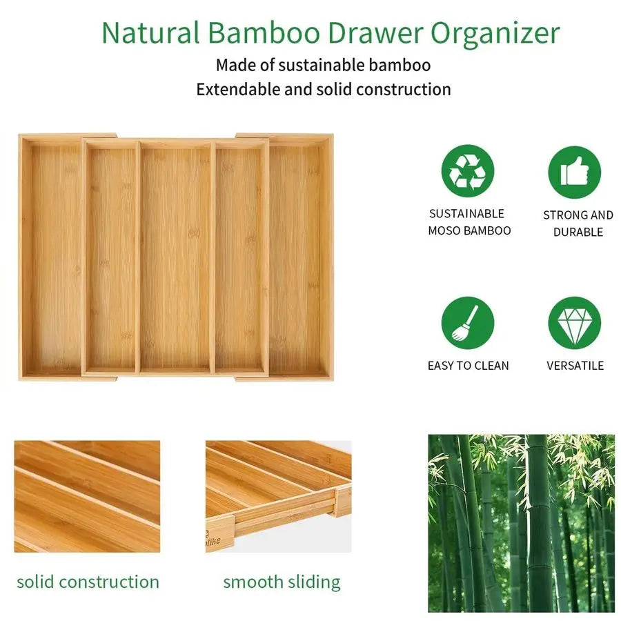 Bamboo Expandable Drawer Organizer Adjustable Utensil Holder
