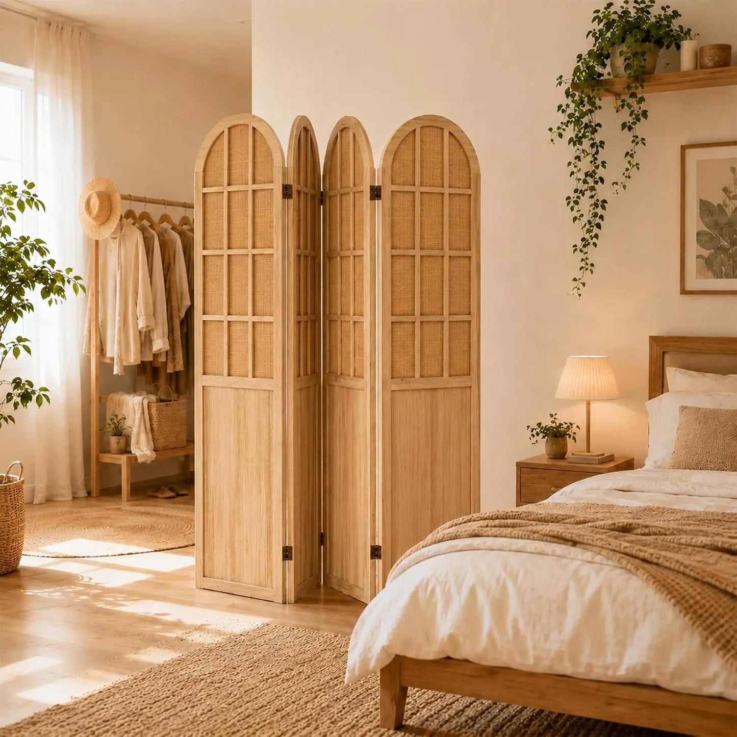 4 Panel Bamboo Wood Room Divider Privacy Screen