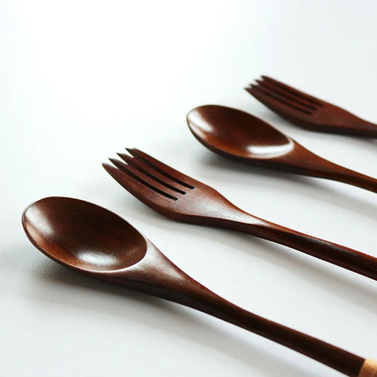 2PC Wooden Chopsticks Fork Spoon Cutlery Set