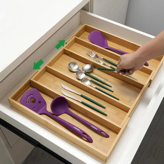 Bamboo Expandable Drawer Organizer Adjustable Utensil Holder