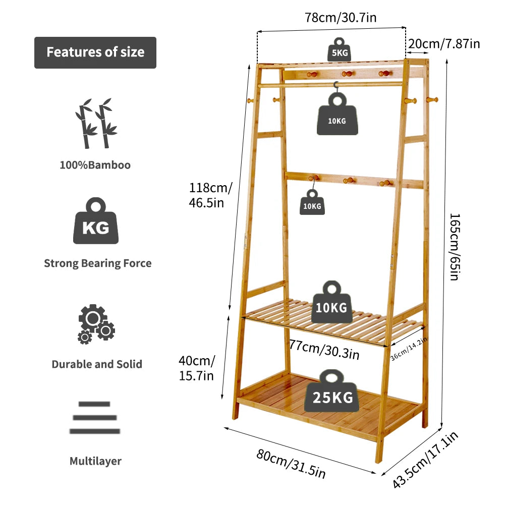 Bamboo Garment Clothes Hanging Heavy Duty Rack