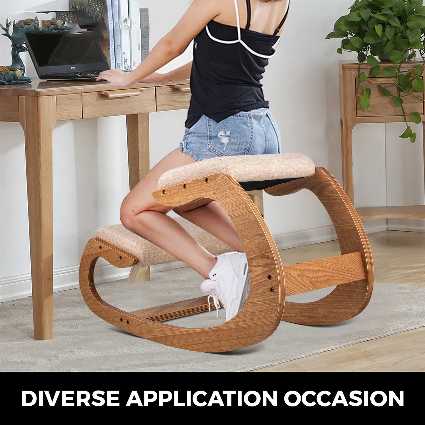 Ergonomic Rocking Wooden Kneeling Chair Thick Cushion