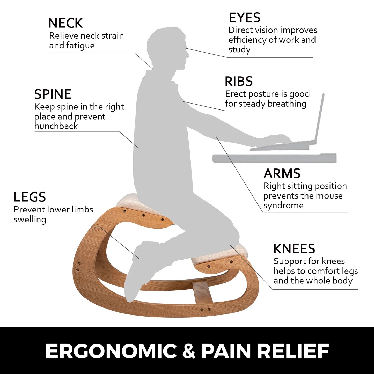 Ergonomic Rocking Wooden Kneeling Chair Thick Cushion