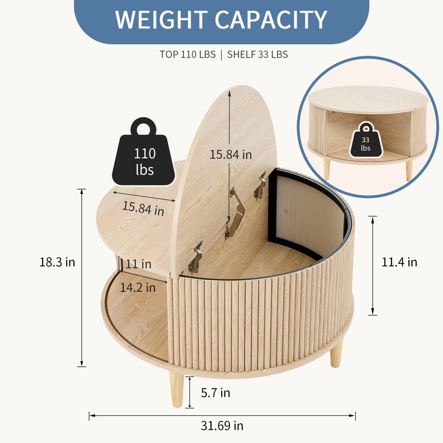 31IN Round Coffee Table with Flip-Top Storage