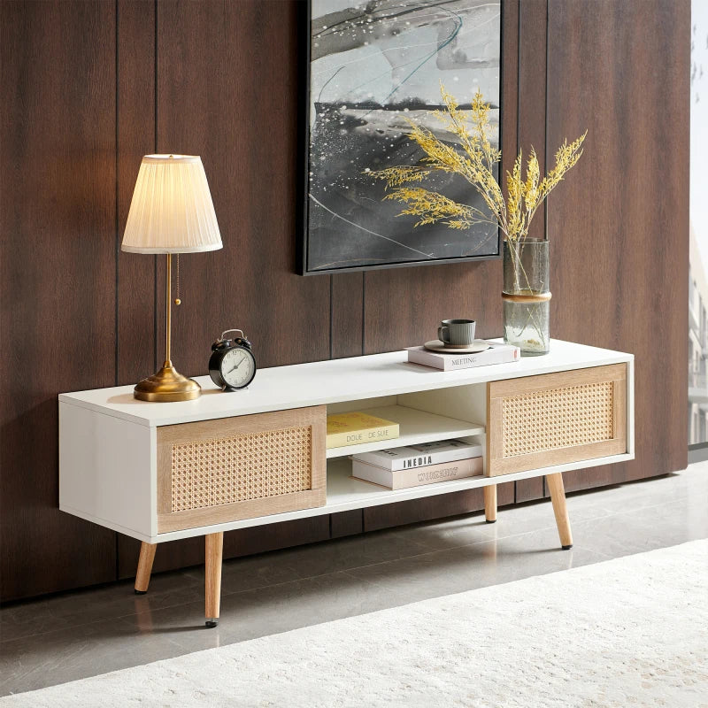 55.12-inch Rattan TV Cabinet Double Sliding Door Storage