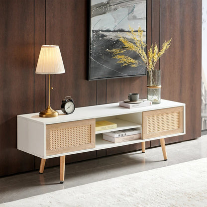 55.12-inch Rattan TV Cabinet Double Sliding Door Storage
