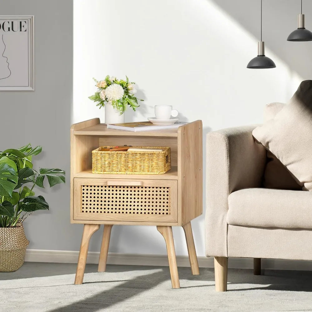 Rattan Nightstand with Drawer and Open Shelf