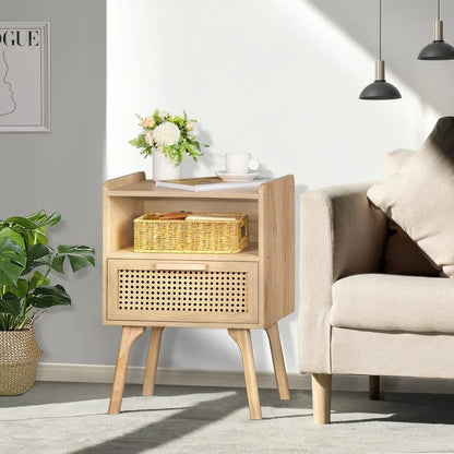 Rattan Nightstand with Drawer and Open Shelf