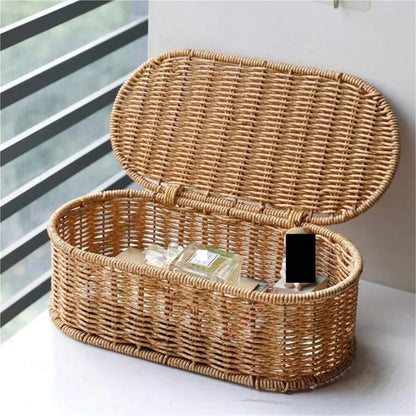 Boho Imitation Rattan Storage Box with Lid