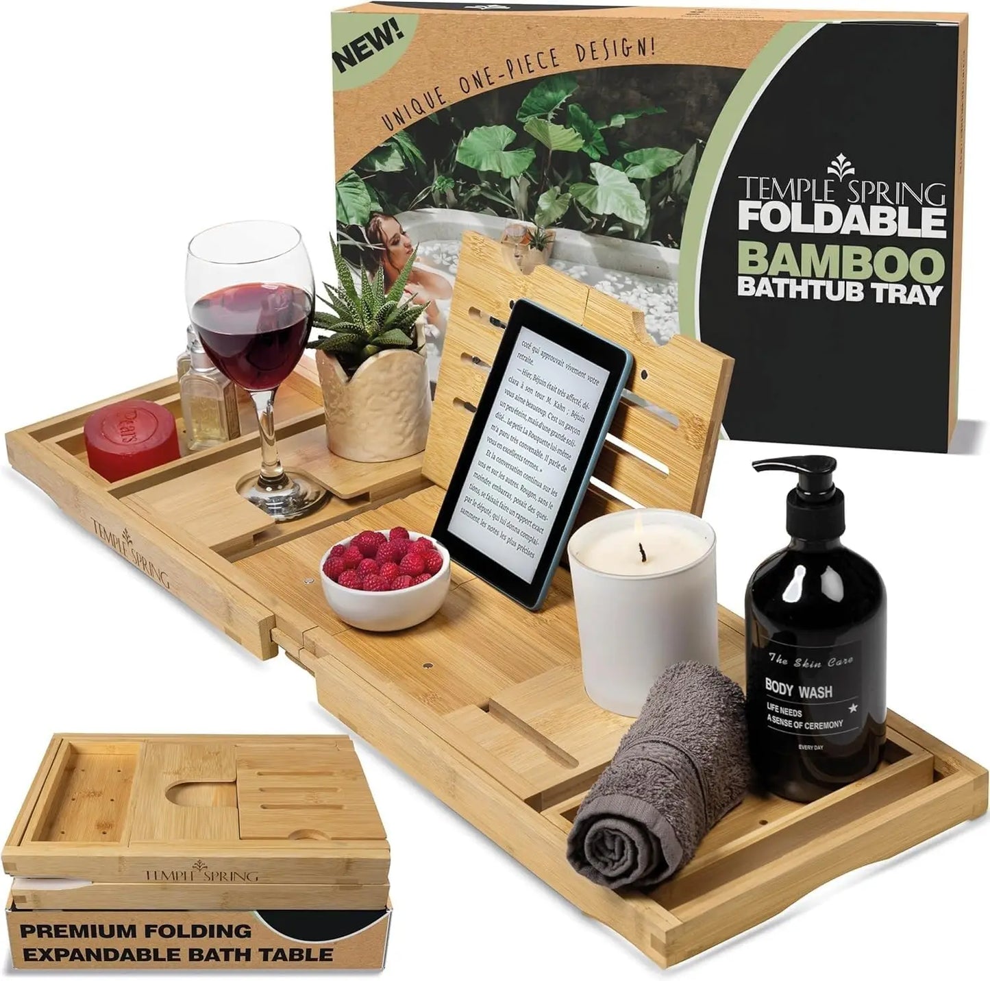 Adjustable Wooden Bathtub Caddy with Soap Dish