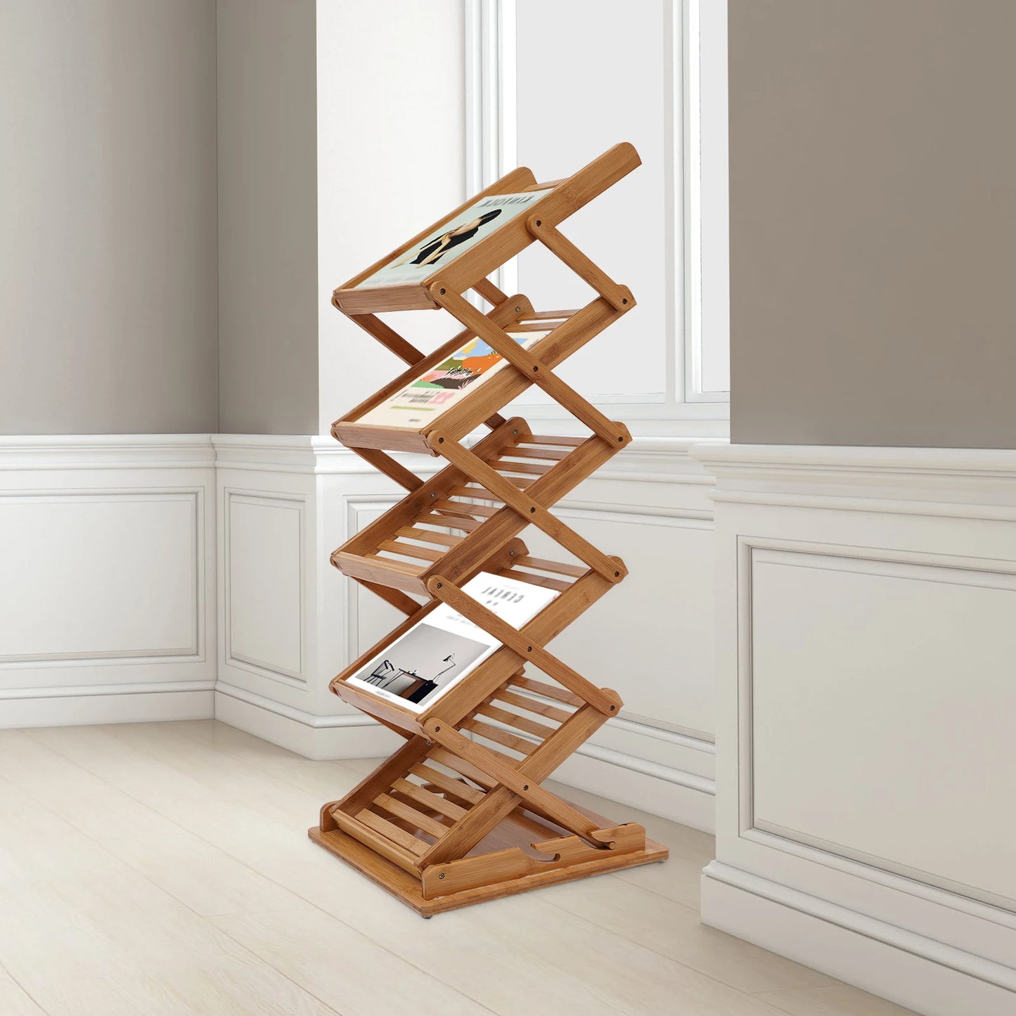 5-Tier Bamboo Floor Stand Folding Magazine Rack