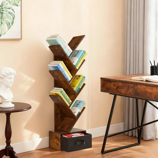 Geometric Wooden Book Rack 7-Tier Tree Bookshelf