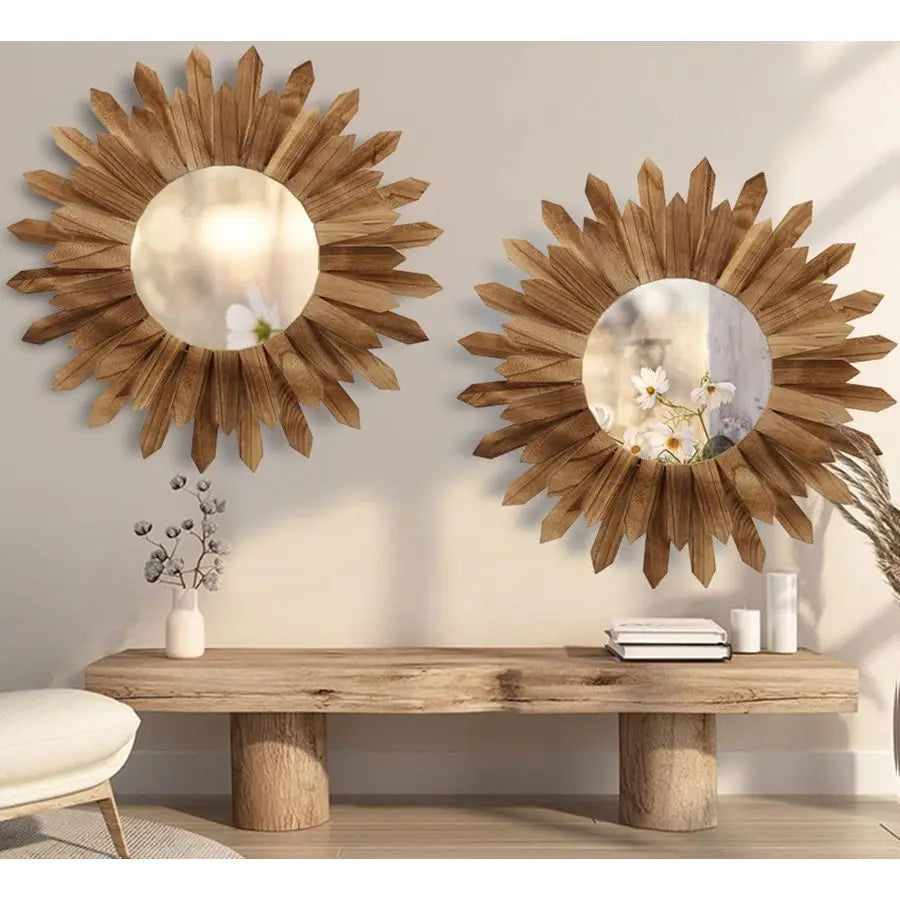 2 Pack 22 Inch Boho Wall Sunburst  Round Wood Mirror