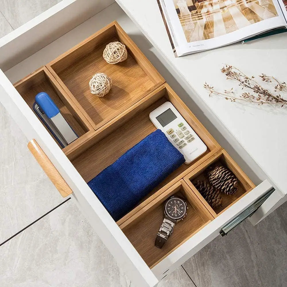 5 Bamboo Drawer Organizer Desk Storage Kit