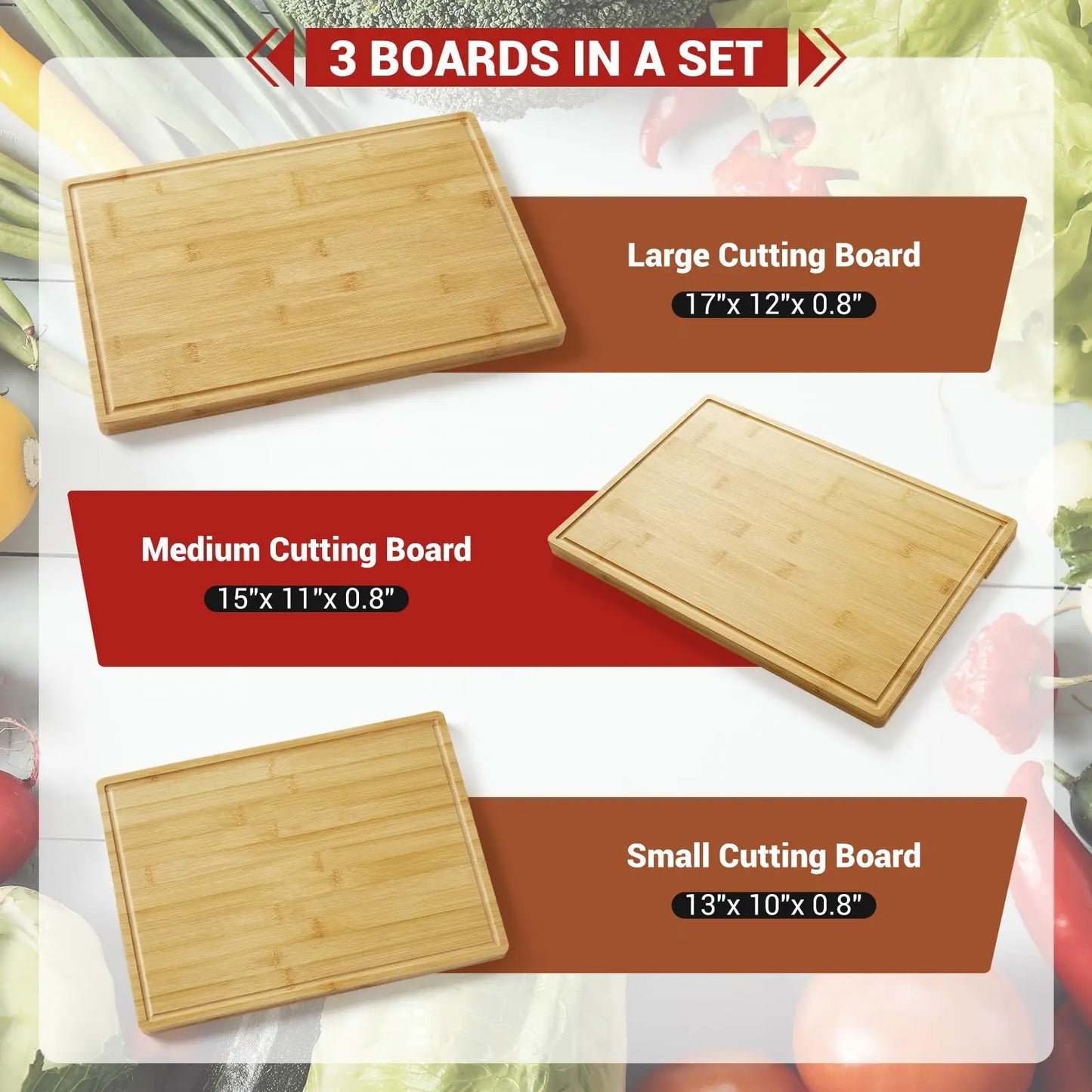 Bamboo Cutting Board Set of 3 with Holder