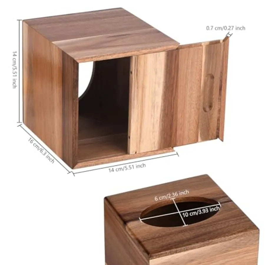 Acacia Wood Tissue Box Holder with Slide-Out Bottom