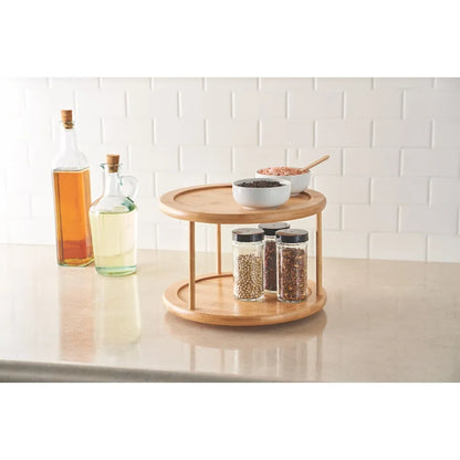 2 Tier Bamboo Spice Rack Turntable Organizer