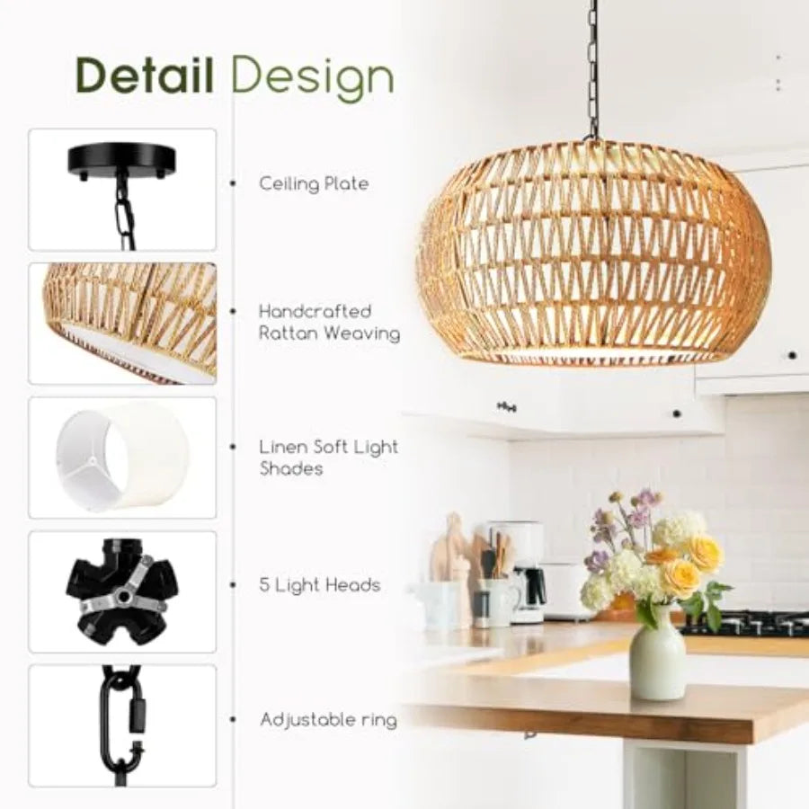 5-Lights Boho Rattan Chandelier for Dining Room
