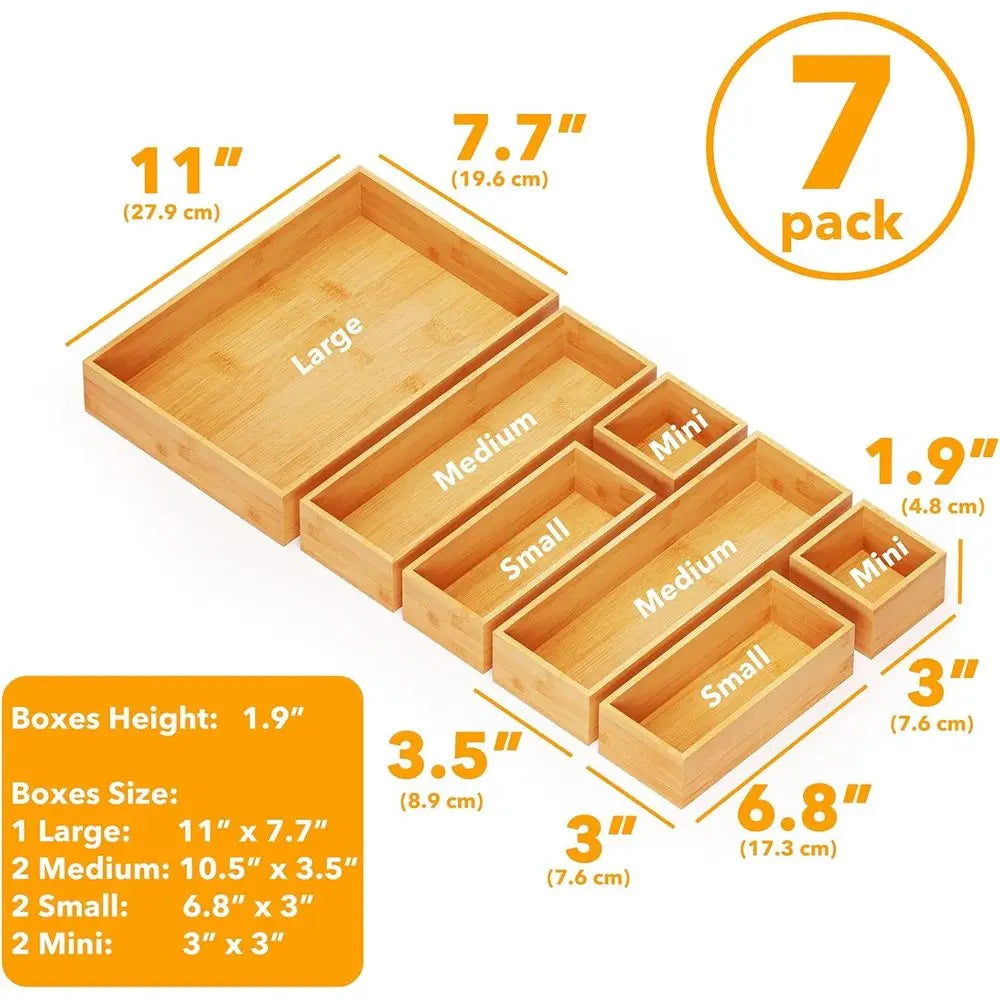 7-Piece Bamboo Drawer Organizer Storage Boxes Set