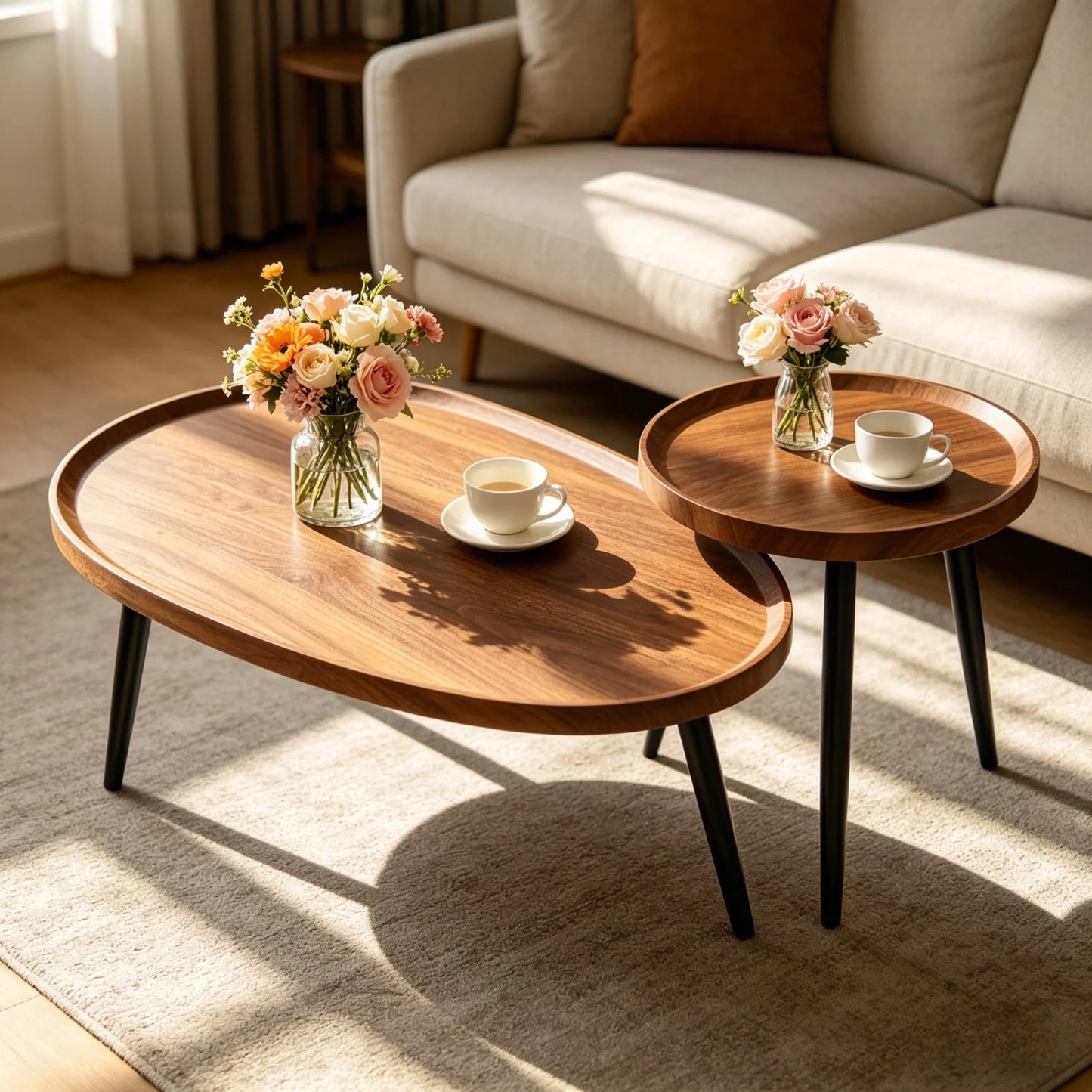 Set of 2 Mid-Century Coffee Tables Solid Wood